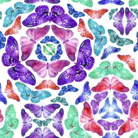 Watercolor pattern with the image of transparent butterflies in blue and violet colors on a white backgroundの写真素材