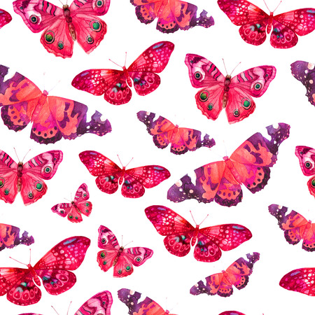 Watercolor pattern with the image of transparent butterflies in pink colors on a white backgroundの写真素材