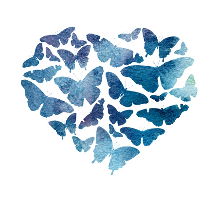 Watercolor heart filled with bright transparent butterflies of blue shadesの写真素材