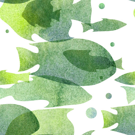 Watercolor illustration. Pattern of transparent silhouettes of fish warm green shades.の写真素材