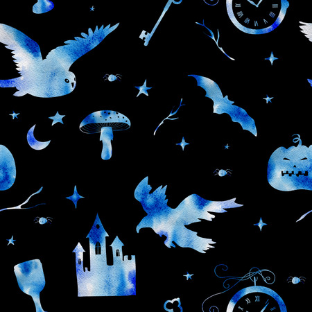 Watercolor pattern of blue elements for a holiday of Halloween on a black backgroundの写真素材