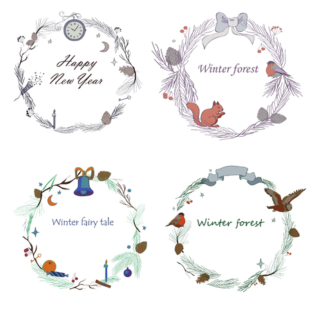 Vector illustration, set of New Year frames with forest and celebratory elements. Branches of spruce, cones, bullfinch, squirrel, owl, bow, clock, candle, bell, stars. Inscriptions Happy new year, Winter forest, Winter fairy tale. Color imageのイラスト素材