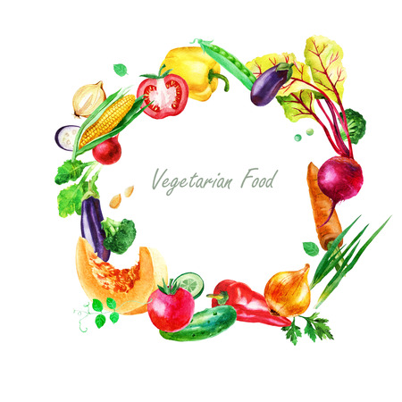 Watercolor illustration, round frame of vegetables. Vegetarian foodの写真素材