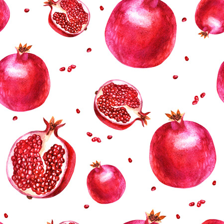 Watercolor illustration. Pattern. Pomegranate, half a pomegranate garnet berriesの写真素材