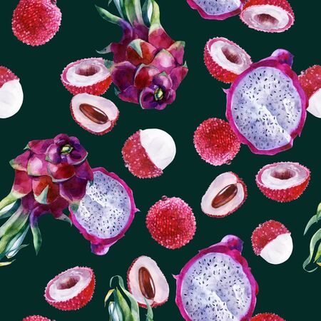 Watercolor illustration. Pattern litchi fruit and pitahaya on a dark green background.の写真素材