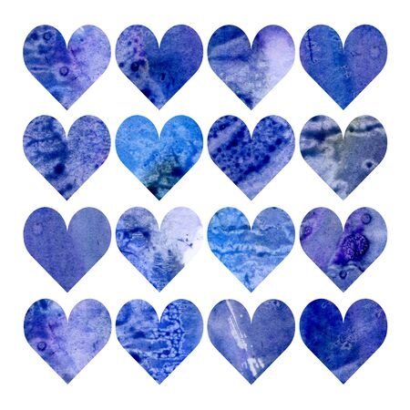 Watercolor illustration, set. Heart shaped watercolor texture. Shades of blueの写真素材