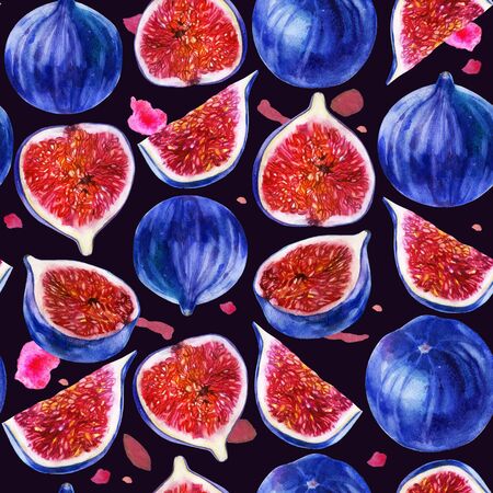 Watercolor illustration, pattern. Figs on a dark purple backgroundの写真素材
