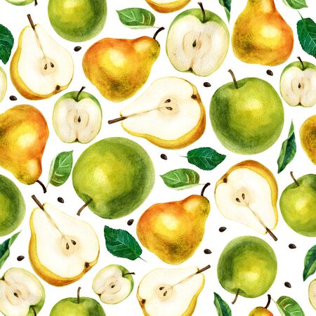 Watercolor illustration. Fruit pattern on a white background. Apples, pears, halves of apples and...