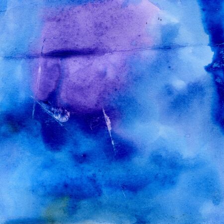 Watercolor illustration texture. Watercolor transparent stain. Blur spray. Violet and blue.の写真素材