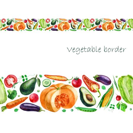 Watercolor illustration border of vegetables. Vegetables in the strip. Pumpkin tomato broccoli cabbage avocado eggplant carrots cucumber corn peppers peas radishes.の写真素材