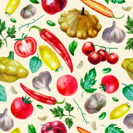 Watercolor illustration pattern from vegetables on a beige background. Corn garlic, pepper, eggplant, herbs, broccoli, tomato, peas parsley onion.の写真素材