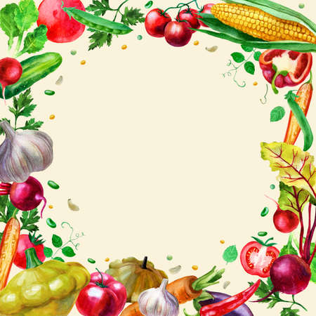 Watercolor illustration vegetable frame. Framing from vegetables on a beige background.の写真素材