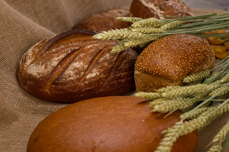 Bread showcase different kinds of bread on sackcloth
