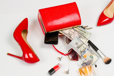 Scattered shoes, accessories and cosmetics. Women set of success.の写真素材