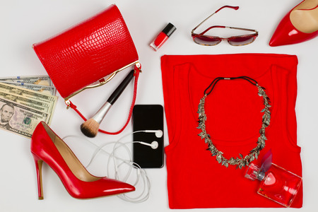 Stylish set of red clothing and accessories for girl.の写真素材