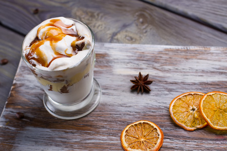 Dessert Chocolate Browne with caramel in a glass.の写真素材