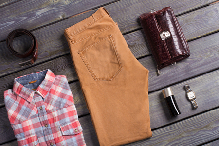 Fashionable men's set of beautiful clothes. Stylish men's clothing.の写真素材