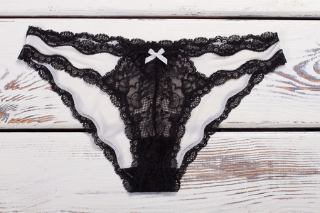 Black and white lace panties made of silk and lace. Italian underwear. Sexy panties for women.の写真素材