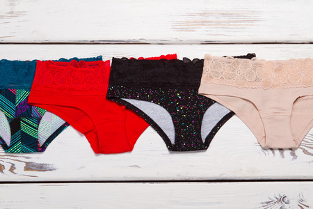 Collection of multi-colored pants. Different panties with lace.の写真素材