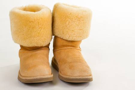 Funny yellow winter Australian boots. Winter boots with natural sheepskin.