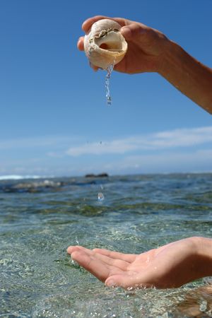 human fountain on bottom paradisic of a tropical lagoon,
