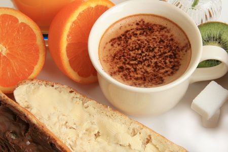 coffee cup, fruits and breadの写真素材