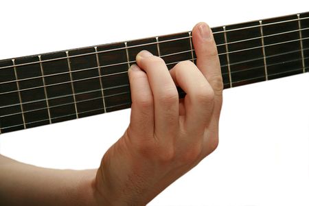 barefoot, guitar and hand on white background