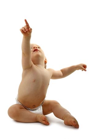 baby sitting pointing upの写真素材