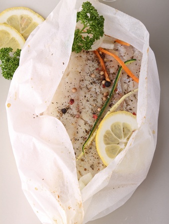 fish cooked in paper,papilloteの写真素材