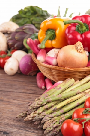 healthy organic vegetables on a wood backgroundの写真素材