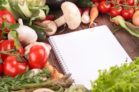 open notebook with assortment of vegetablesの写真素材