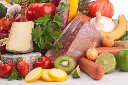 composition of fruit,vegetable,meat and cheeseの写真素材
