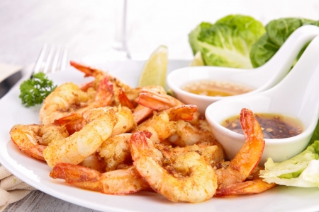 fried shrimp and sauceの写真素材