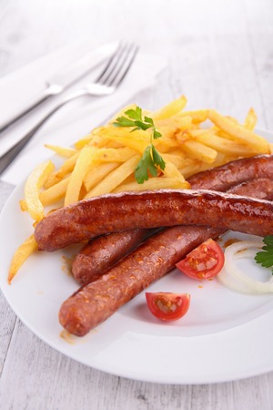 fried sausage and friesの写真素材