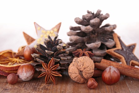 nut and christmas decorationの写真素材