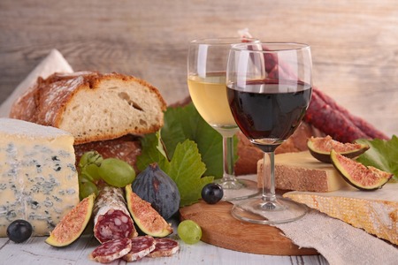 wine,cheese and sausageの写真素材