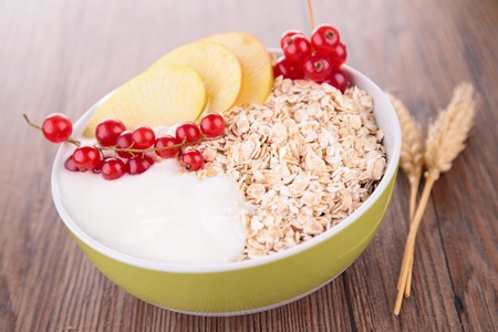 cornflakes with yogurt anf fruitsの写真素材