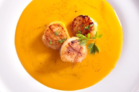 soup and fried scallopの写真素材