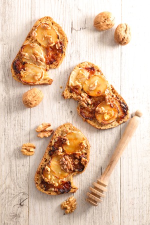 bread with cheese,walnut and honeyの写真素材