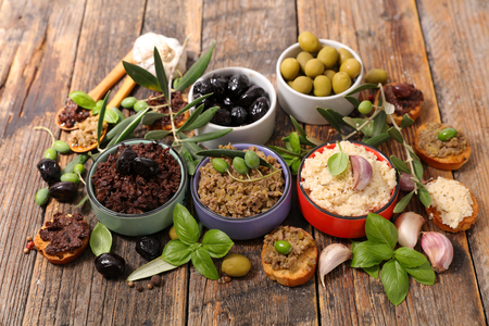 assortment of tapenade and dipsの写真素材