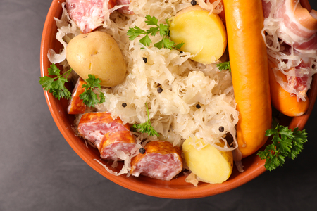 choucroute,sauerkraut with potato and meatsの写真素材