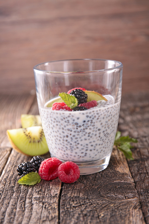 chia with milk and fruitの写真素材