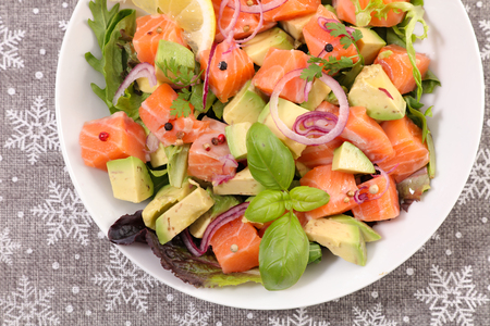 salmon with avocado and basilの写真素材