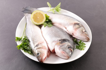 raw fish and lemonの写真素材