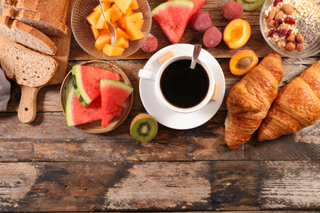healthy breakfast on wood backgroundの写真素材