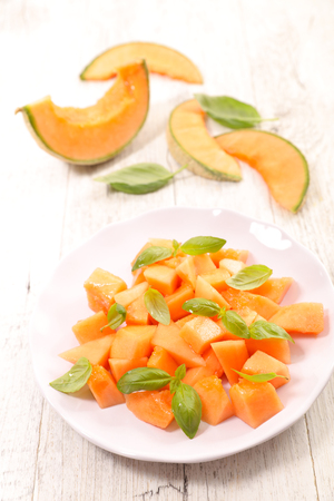 melon salad and basilの写真素材