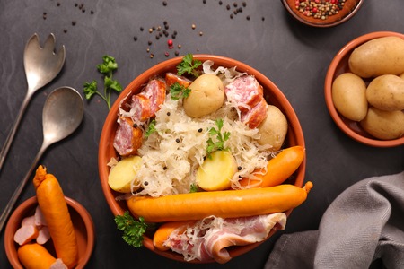 sauerkraut with potato and sausageの写真素材