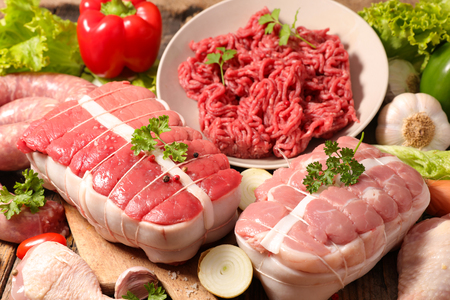 sausage, beef and raw meatsの写真素材