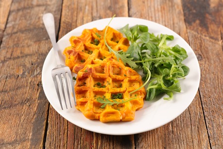 waffle with salad, sweet potato waffleの写真素材