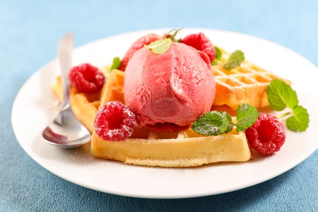 waffles with ice cream and berries fruitsの写真素材